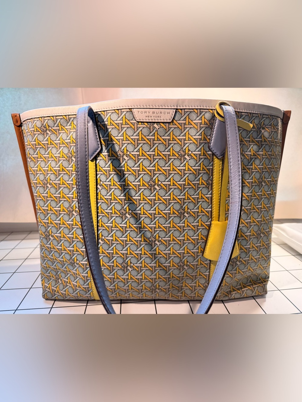 Tory Burch Perry triple compartment basket weave canvas tote northern blue